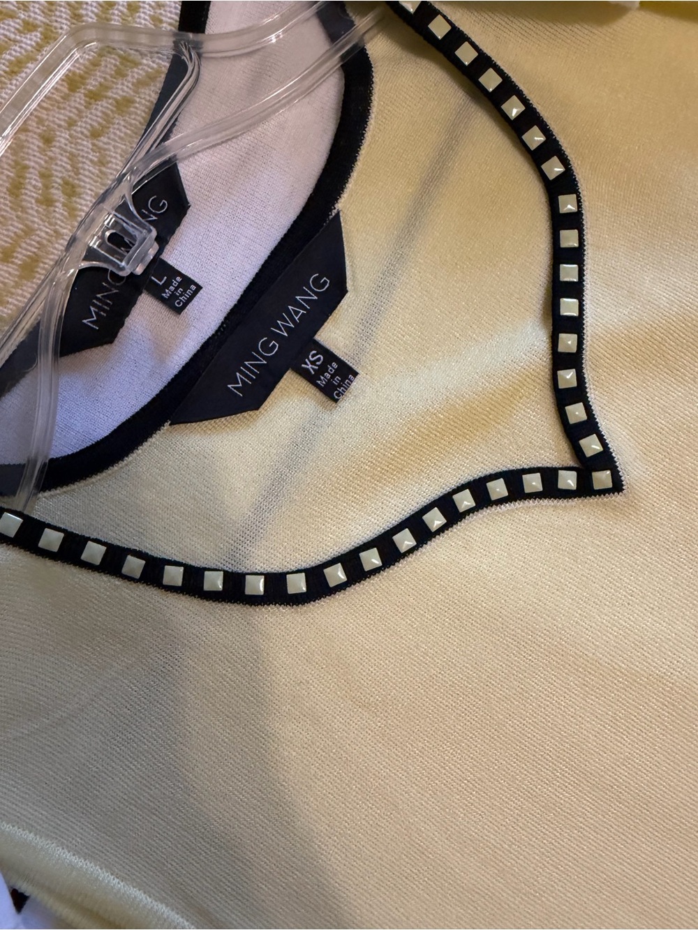 Ming Wang Yellow Sleeveless Top with Black Stud-Trim and matching Cardigan